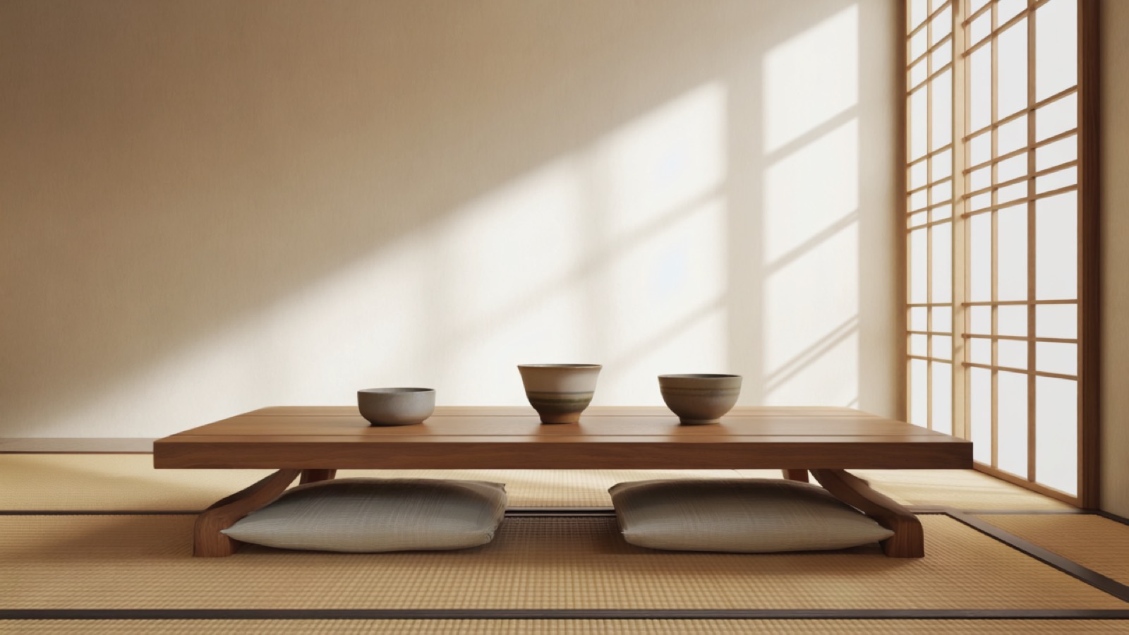 Ruhiges Detail eines japanischen Teeraums in weichem Tageslicht — ein niedriger Holztisch auf Tatami mit einigen handgemachten Keramikschalen, natürliche Materialien, Wabi-Sabi-Minimalismus.